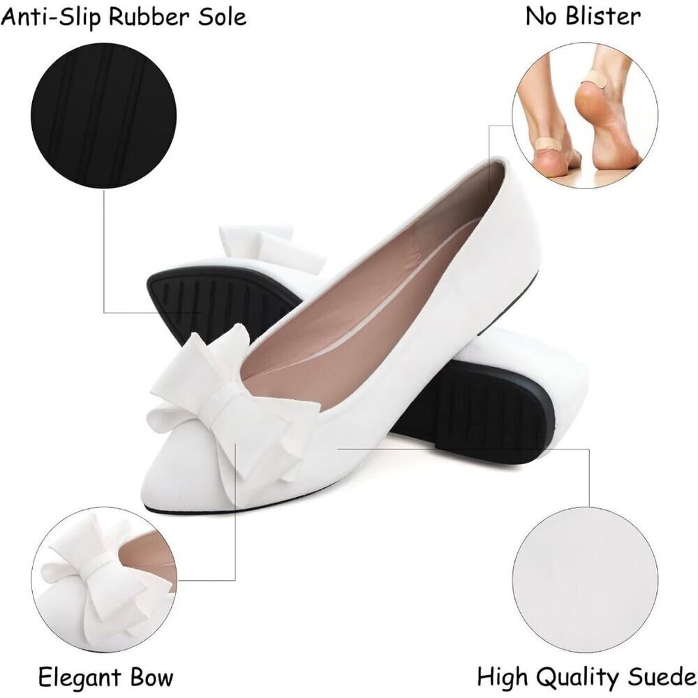 Women's White Bowknot Ballet Flats Pointy Toe Casual Flat Shoes Suede - Picture 3 of 6